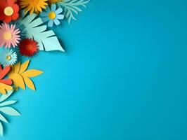 AI generated Top view of colorful paper cut flowers with green leaves on blue background with copy space. photo