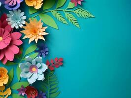 AI generated Top view of colorful paper cut flowers with green leaves on blue background with copy space. photo