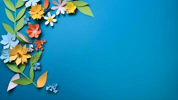 AI generated Top view of colorful paper cut flowers with green leaves on blue background with copy space. photo