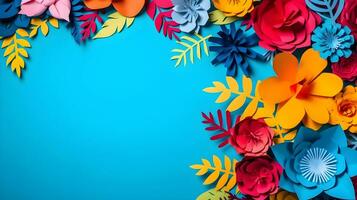 AI generated Top view of colorful paper cut flowers with green leaves on blue background with copy space. photo