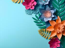 AI generated Top view of colorful paper cut flowers with green leaves on blue background with copy space. photo