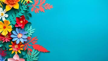 AI generated Top view of colorful paper cut flowers with green leaves on blue background with copy space. photo