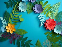 AI generated Top view of colorful paper cut flowers with green leaves on blue background with copy space. photo