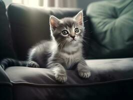 AI generated portrait of little cat relaxing on the soft couch in the living room. Adorable funny domestic little small kitty sleeping on couch at animal pet house. photo
