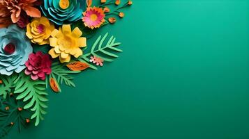 AI generated Top view of colorful paper cut flowers with green leaves on blue background with copy space. photo