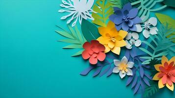 AI generated Top view of colorful paper cut flowers with green leaves on blue background with copy space. photo