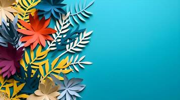 AI generated Top view of colorful paper cut flowers with green leaves on blue background with copy space. photo