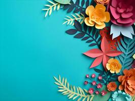 AI generated Top view of colorful paper cut flowers with green leaves on blue background with copy space. photo