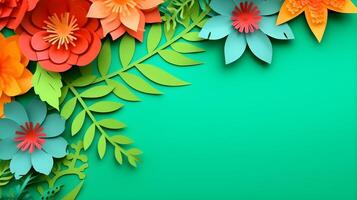 AI generated Top view of colorful paper cut flowers with green leaves on blue background with copy space. photo