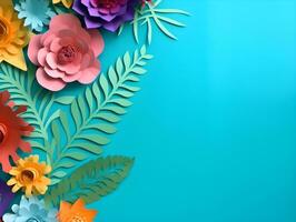 AI generated Top view of colorful paper cut flowers with green leaves on blue background with copy space. photo