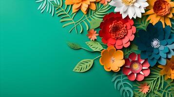 AI generated Top view of colorful paper cut flowers with green leaves on blue background with copy space. photo