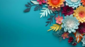 AI generated Top view of colorful paper cut flowers with green leaves on blue background with copy space. photo