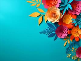 AI generated Top view of colorful paper cut flowers with green leaves on blue background with copy space. photo