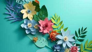 AI generated Top view of colorful paper cut flowers with green leaves on blue background with copy space. photo