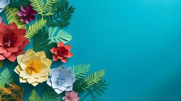 AI generated Top view of colorful paper cut flowers with green leaves on blue background with copy space. photo