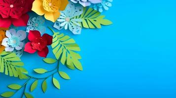 AI generated Top view of colorful paper cut flowers with green leaves on blue background with copy space. photo