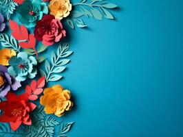 AI generated Top view of colorful paper cut flowers with green leaves on blue background with copy space. photo