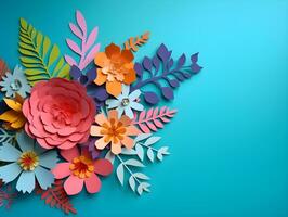 AI generated Top view of colorful paper cut flowers with green leaves on blue background with copy space. photo