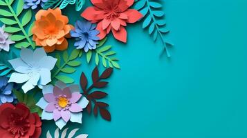 AI generated Top view of colorful paper cut flowers with green leaves on blue background with copy space. photo