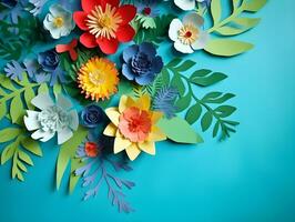 AI generated Top view of colorful paper cut flowers with green leaves on blue background with copy space. photo