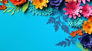 AI generated Top view of colorful paper cut flowers with green leaves on blue background with copy space. photo