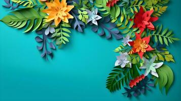 AI generated Top view of colorful paper cut flowers with green leaves on blue background with copy space. photo