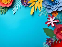 AI generated Top view of colorful paper cut flowers with green leaves on blue background with copy space. photo