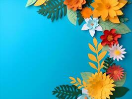 AI generated Top view of colorful paper cut flowers with green leaves on blue background with copy space. photo