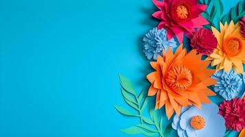 AI generated Top view of colorful paper cut flowers with green leaves on blue background with copy space. photo