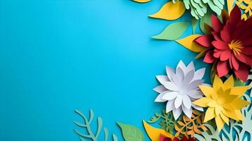 AI generated Top view of colorful paper cut flowers with green leaves on blue background with copy space. photo