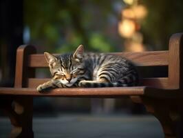 ai generado pequeño linda gato dormido en un banco en el jardín de ciudad parque. foto