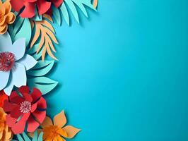 AI generated Top view of colorful paper cut flowers with green leaves on blue background with copy space. photo