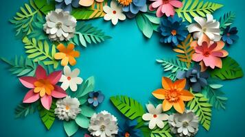 AI generated Top view of colorful paper cut flowers with green leaves on blue background with copy space. photo