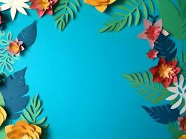 AI generated Top view of colorful paper cut flowers with green leaves on blue background with copy space. photo