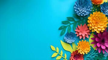 AI generated Top view of colorful paper cut flowers with green leaves on blue background with copy space. photo