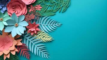 AI generated Top view of colorful paper cut flowers with green leaves on blue background with copy space. photo