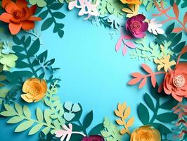 AI generated Top view of colorful paper cut flowers with green leaves on blue background with copy space. photo