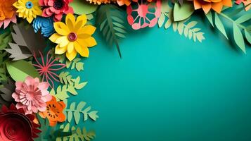 AI generated Top view of colorful paper cut flowers with green leaves on blue background with copy space. photo