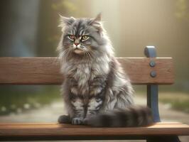 AI generated Cute siberian cat sitting on a bench in the garden. Persian cat relax on a wooden chair in the city park. photo