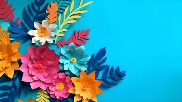 AI generated Top view of colorful paper cut flowers with green leaves on blue background with copy space. photo