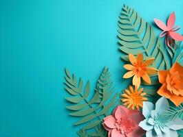 AI generated Top view of colorful paper cut flowers with green leaves on blue background with copy space. photo