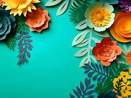 AI generated Top view of colorful paper cut flowers with green leaves on blue background with copy space. photo