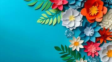 AI generated Top view of colorful paper cut flowers with green leaves on blue background with copy space. photo