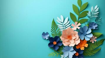 AI generated Top view of colorful paper cut flowers with green leaves on blue background with copy space. photo