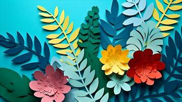 AI generated Top view of colorful paper cut flowers with green leaves on blue background with copy space. photo