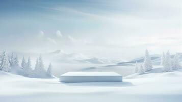 AI generated Snowy Backdrop in Tranquil Winter Wonderland - Ideal for Product Presentation on Elegant White Podium in Serene Snowscape, Winter Product Placement photo