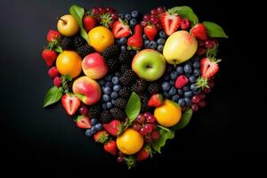 AI generated fruits on the black background in heart shape photo