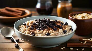 AI generated oat porridge with a drizzle of dark chocolate photo