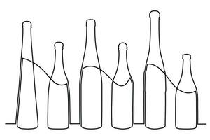 bosquejo dibujo de un botella de diferente formas en el estilo de uno sólido continuo línea. colección de alcohólico bebidas vector