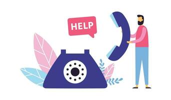 Customer support. Call center concept. Man operator holding landline to provide help to clients. Assistance vector